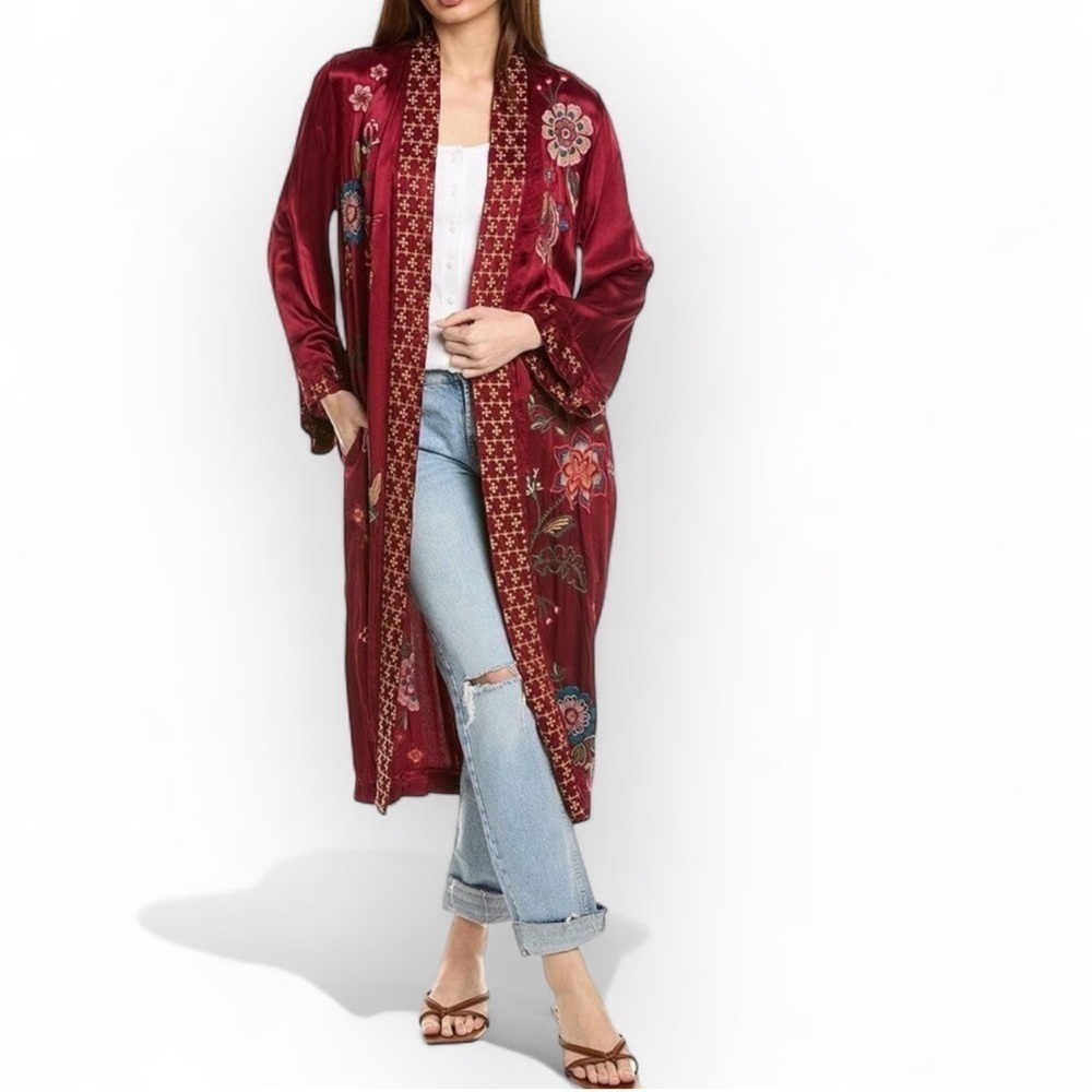 JOHNNY WAS XS Messine Long Kimono Floral Embroidered Pomegranate/Burgundy NWT